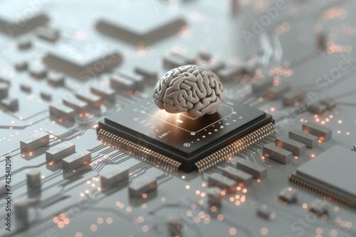 AI Brain Chip search. Artificial Intelligence colliculus human axon navigation errors mind circuit board. Neuronal network brain network smart computer processor hybrid cloud photo
