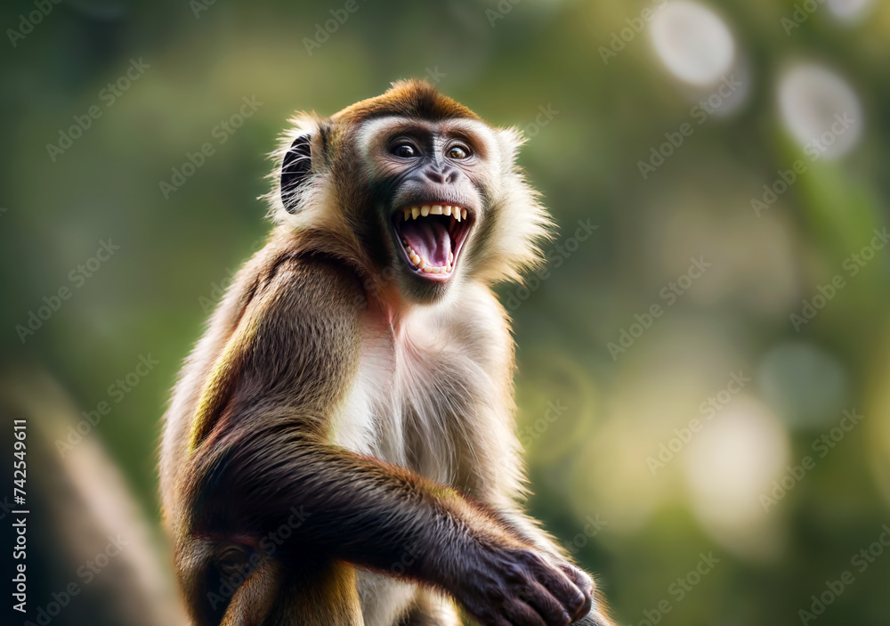 Mischievous monkey laughs in a natural environement as he spots something funny. Digital art. Mischievous monkey laughs in a natural environement as he spots something funny. Digital art.