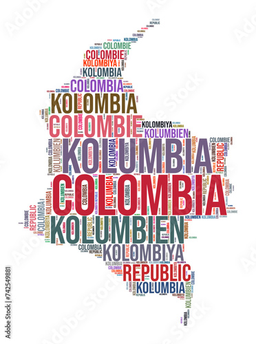 Colombia country shape word cloud. Typography style country illustration. Colombia image in text cloud style. Vector illustration.