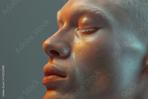 Albino people. Profile of albino man, cosmetics ads model. Albino model in dramatic lighting presenting the concept of International Albinism Awareness Day. Close-up of an albino person's serene face