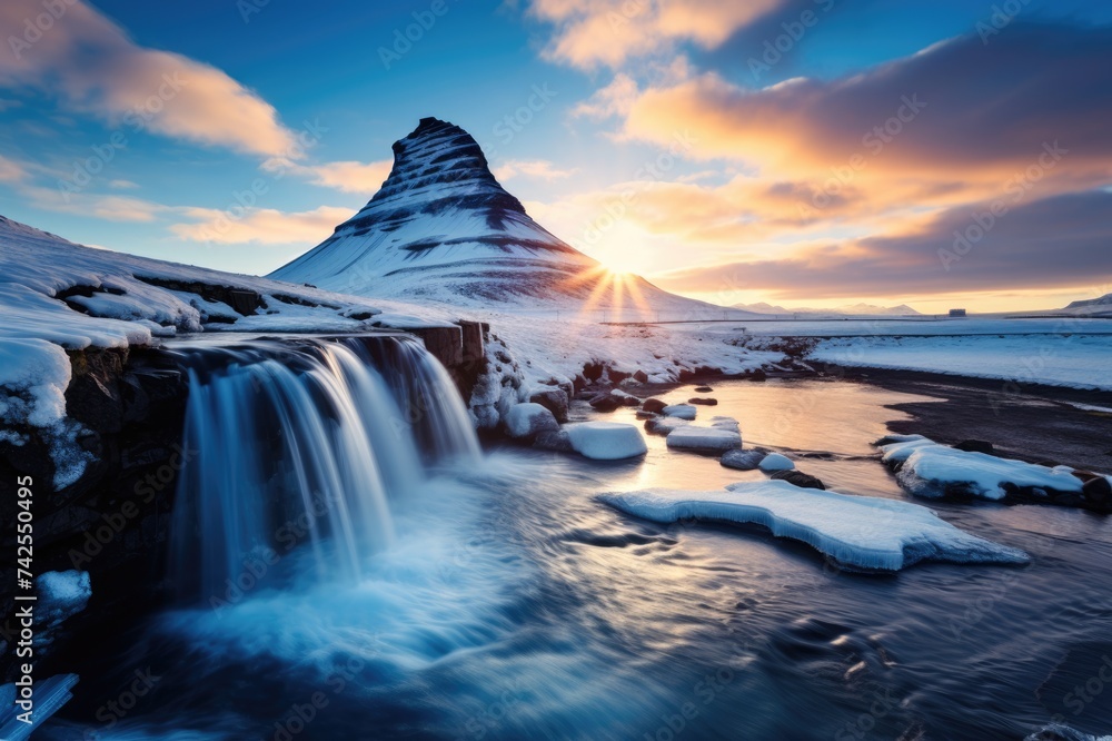 Discovering Iceland's Late Winter Beauty: Kirkjufellsfoss Waterfall and Majestic Mountain Backdrop.