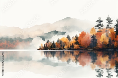 Autumnal Reflections: Misty New England Lake with Mountain and Leaf Reflections in Stowe Park.