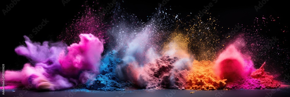 Cosmetic Brush with Powder Explosion. Make-Up Brush Set with Vibrant Colors on Black Background.