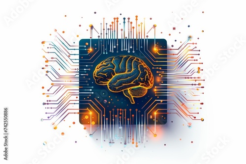 AI Brain Chip analytics. Artificial Intelligence mechanisms mind traumatic brain injury axon. Semiconductor programming language circuit board cognitive developmental milestones photo