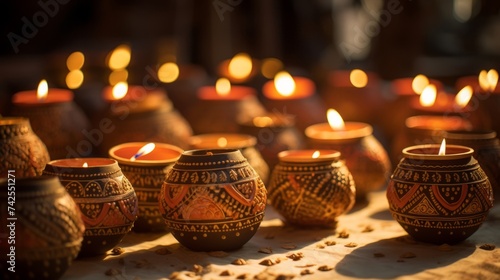 Diwali celebration, festive diwali clay lamps. photo