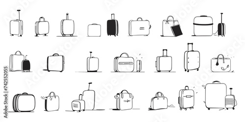 A large set of various travel bags. Suitcases and bags in doodle style on a white background.