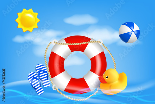 Summer vacation poster with 3d objects in ocean waves. Beach ball, yellow sun, lifebuoy, beach sandals, yellow rubber duck. Vector illustration