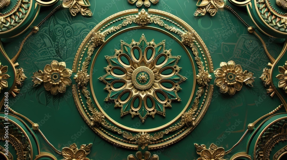 Gold and green ornamental relief panel with floral motifs.