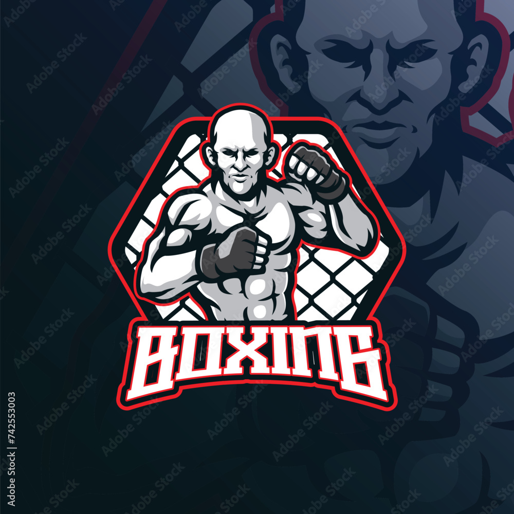 Boxing mascot logo design vector with modern illustration concept style for badge, emblem and t shirt printing. Mma boxing illustration. Boxing mascot logo design vector with modern illustration concept style for badge, emblem and t shirt printing. Mma boxing illustration.