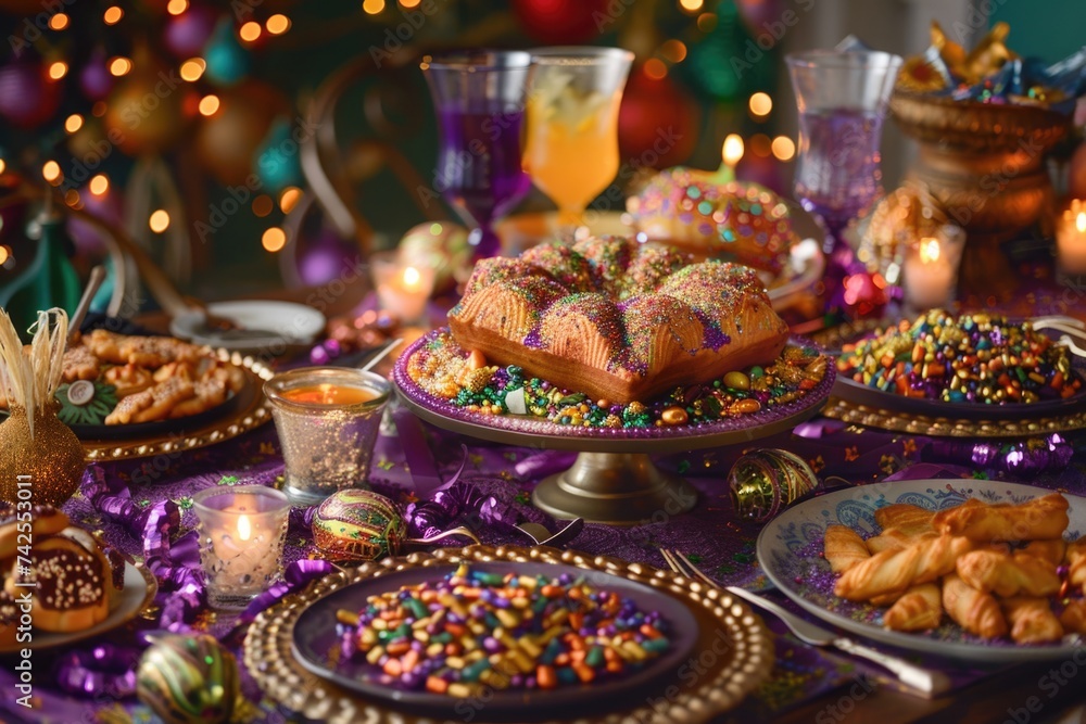 Festive Mardi Gras Table Setting with Traditional King Cake