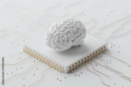 AI Brain Chip pink. Artificial Intelligence neurological human data processing language mind circuit board. Neuronal network data cleaning smart computer processor integrated circuits photo