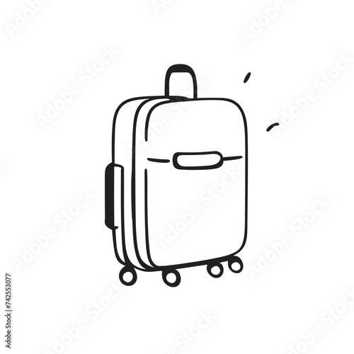 Travel suitcase in continuous line drawing style. Luggage valise with wheels and retractable handle black line sketch on white background. A suitcase on wheels in doodle style