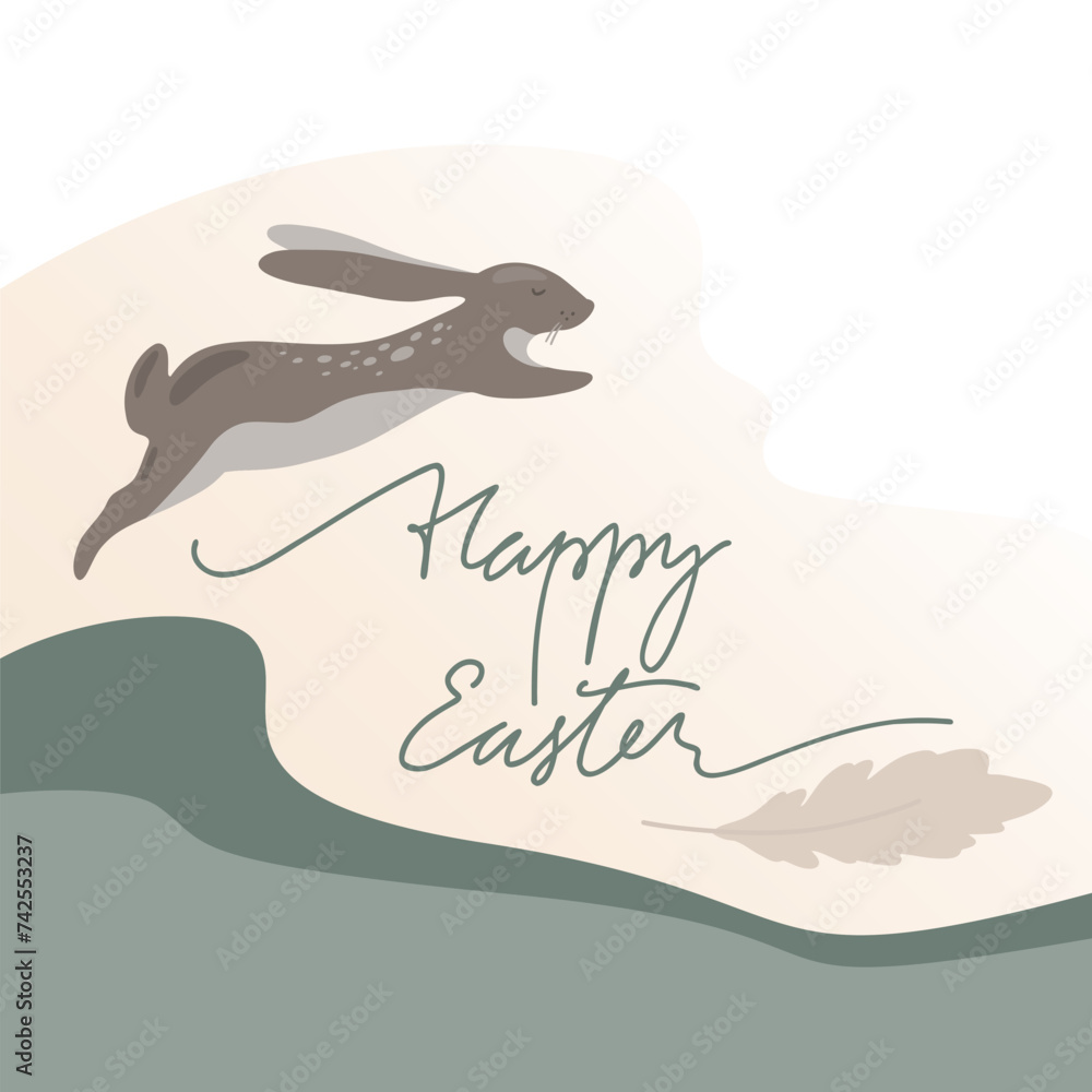 Naklejka premium Baner Happy Easter linear lettering with rabbit