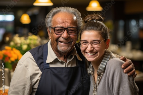 Senior man with young woman smiling, Family restaurant concept.