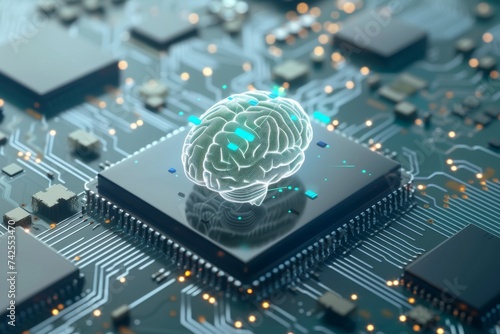 AI Brain Chip simultaneous. Artificial Intelligence neurotrophins human design mind circuit board. Neuronal network memory access smart computer processor near field communication photo