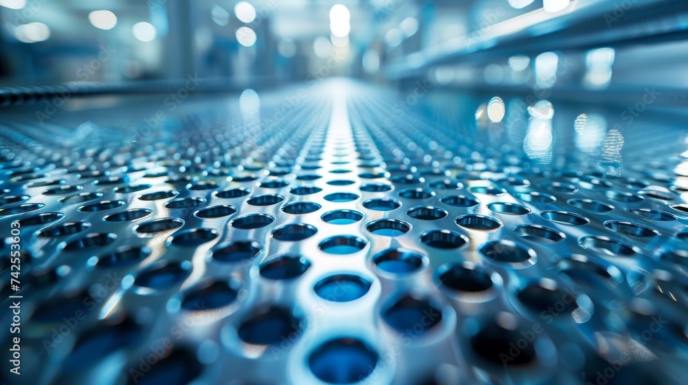 A close-up, low angle view of a metallic perforated conveyor belt in an industrial setting, with a focus on the pattern and repetition. A close-up, low angle view of a metallic perforated conveyor belt in an industrial setting, with a focus on the pattern and repetition.