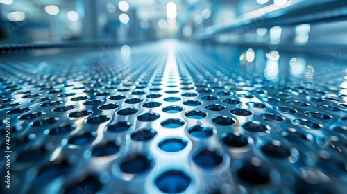 A close-up, low angle view of a metallic perforated conveyor belt in an industrial setting, with a focus on the pattern and repetition.