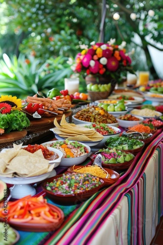 Lush buffet setup with vibrant colors in a garden setting.