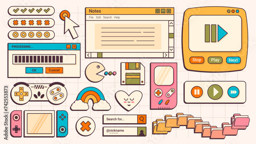 19 retro user interface old desktop elements. Old computer ui, pc screens and vintage games. 90s vaporwave vintage aesthetic vector icons and windows. Interface elements.
