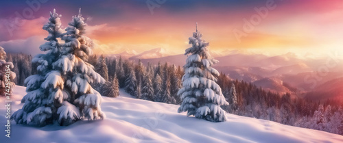 Paesaggio Invernale Incantato- Bosco di Pini Coperto di Neve al Tramonto con Cielo Spettacolare