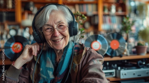 Senior woman enjoying music in listening bar closeup. Vinyl record, vintage old vinil phonograph.