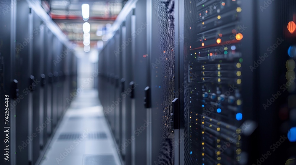A perspective view down the aisle of a data center, with server cabinets lined up and LED status indicators glowing in a dim environment. A perspective view down the aisle of a data center, with server cabinets lined up and LED status indicators glowing in a dim environment.