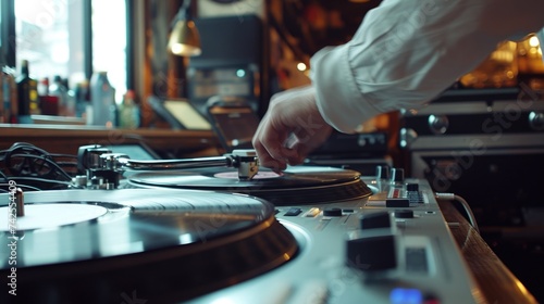 Concept of listening vinil bar. Close-up of DJ  hand listening vinyl record . Vintage old vinil phonograph. A slide turntable vinyl record player, retro music photo