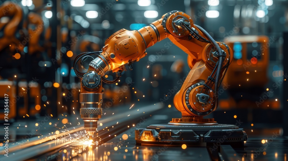 A robotic arm conducts precision welding, with sparks illuminating a modern factory setting, showcasing industrial efficiency and automation. A robotic arm conducts precision welding, with sparks illuminating a modern factory setting, showcasing industrial efficiency and automation.
