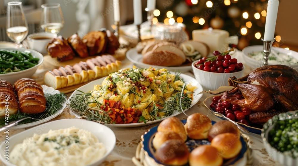 Elegant Holiday Dinner Spread with Turkey and Seasonal Sides