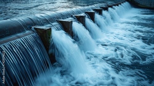 The structured flow of water over a step-overflow weir creates a mesmerizing visual effect, showcasing the controlled release of water in a hydraulic structure. photo