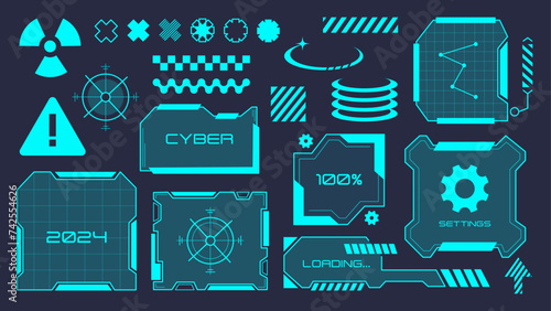 Techno HUD windows and elements in cyberpunk style. Scifi abstract geometric templates. Futuristic technology icons.