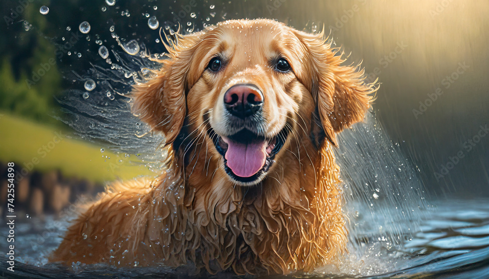 A cute fluffy golden retriver dog running in the river on a summer day in nature. The concept of vacation, travel, pet products