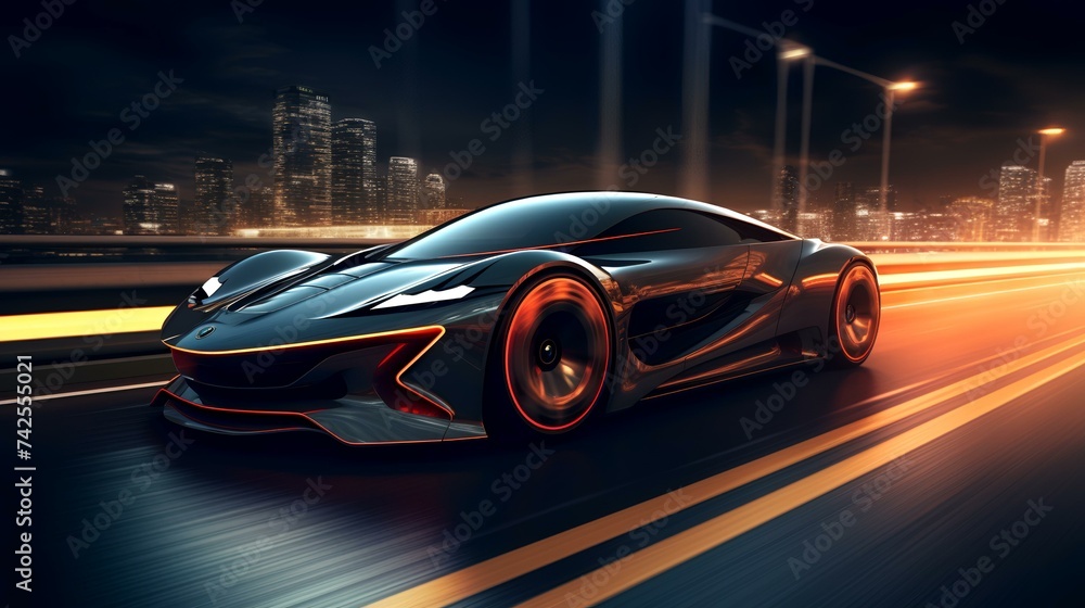 Futuristic Sports Car on Neon Highway - 3D Illustration
Futuristic Sports Car on Neon Highway - 3D Illustration