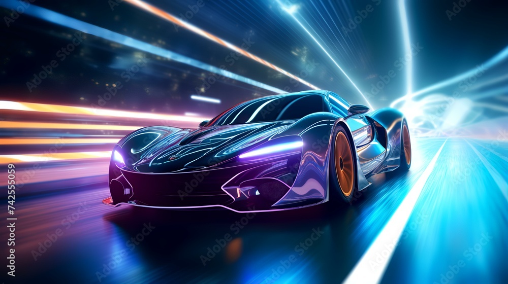 Futuristic Sports Car on Neon Highway - 3D Illustration

