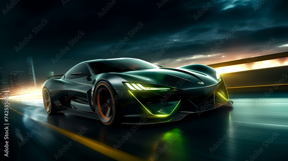 Futuristic Sports Car on Neon Highway - 3D Illustration

