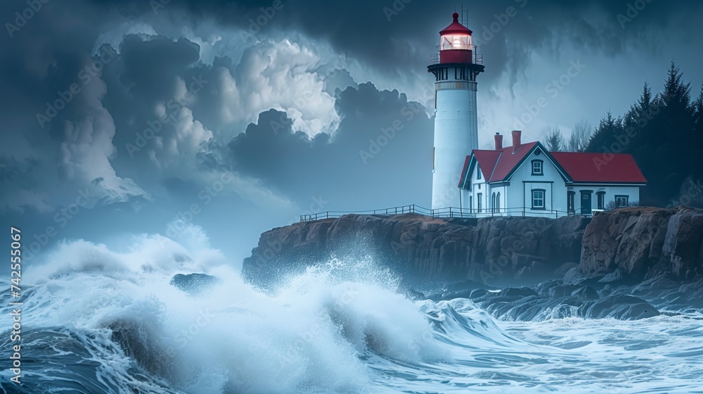 Lighthouse stands resolute on a rocky coastline as waves crash around it, under a dramatic stormy sky at sunset.