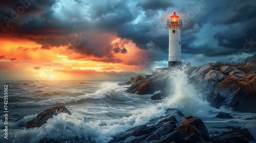 Lighthouse stands resolute on a rocky coastline as waves crash around it, under a dramatic stormy sky at sunset.