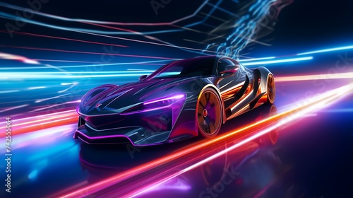 Futuristic Sports Car on Neon Highway - 3D Illustration  