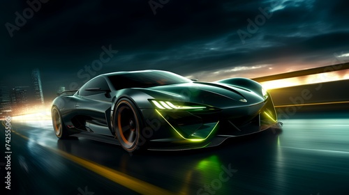 Futuristic Sports Car on Neon Highway - 3D Illustration
