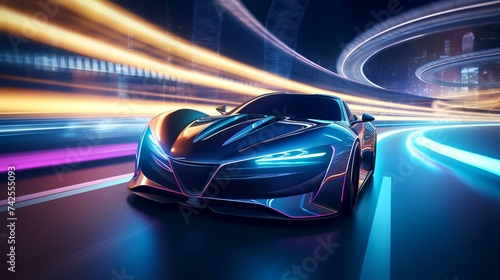 Futuristic Sports Car on Neon Highway - 3D Illustration