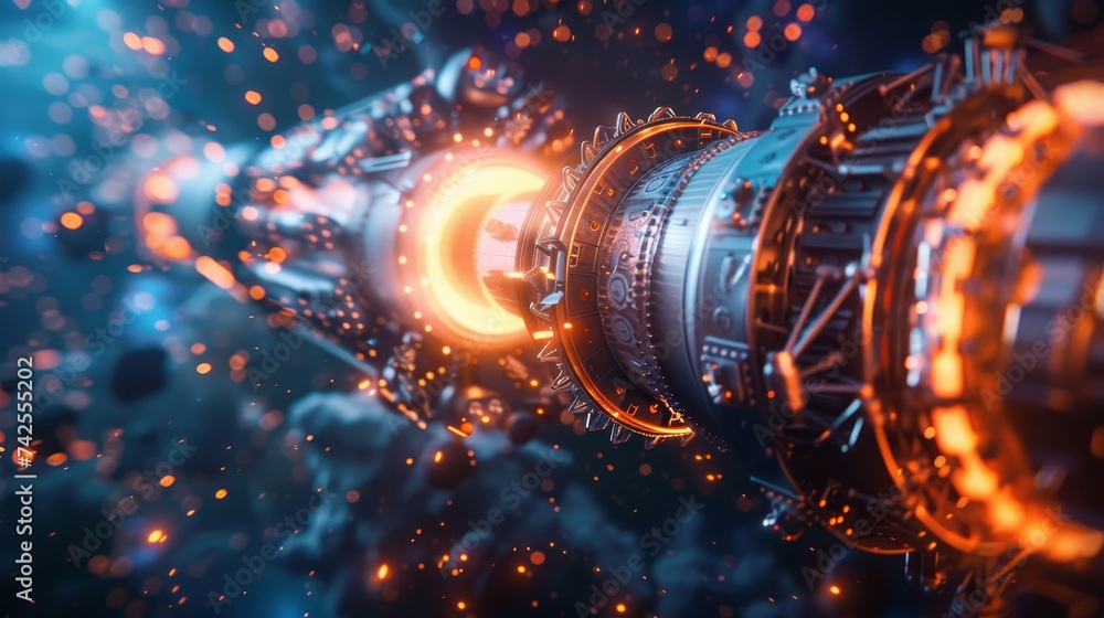 A science fiction engine thruster projects a stream of plasma, highlighted by the contrast of orange against a cool blue background. - obrazy, fototapety, plakaty 