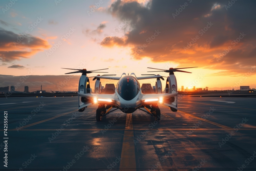 Autonomous electric flying vehicle on airport runway at sunrise. - obrazy, fototapety, plakaty 