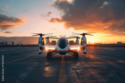 Autonomous electric flying vehicle on airport runway at sunrise. photo