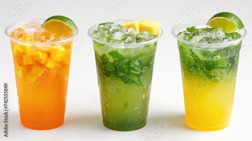 Assorted cold beverages with fresh fruits.