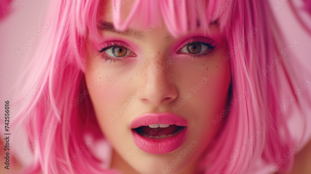 Close-Up of a Young Woman with Vibrant Pink Hair and Makeup