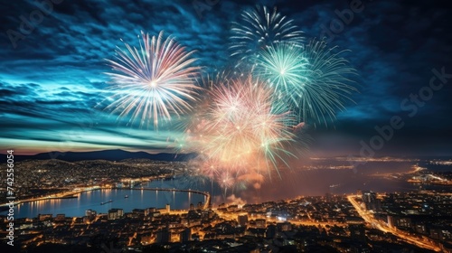 Fireworks display over cityscape at night. Aerial view photography with vibrant colors
