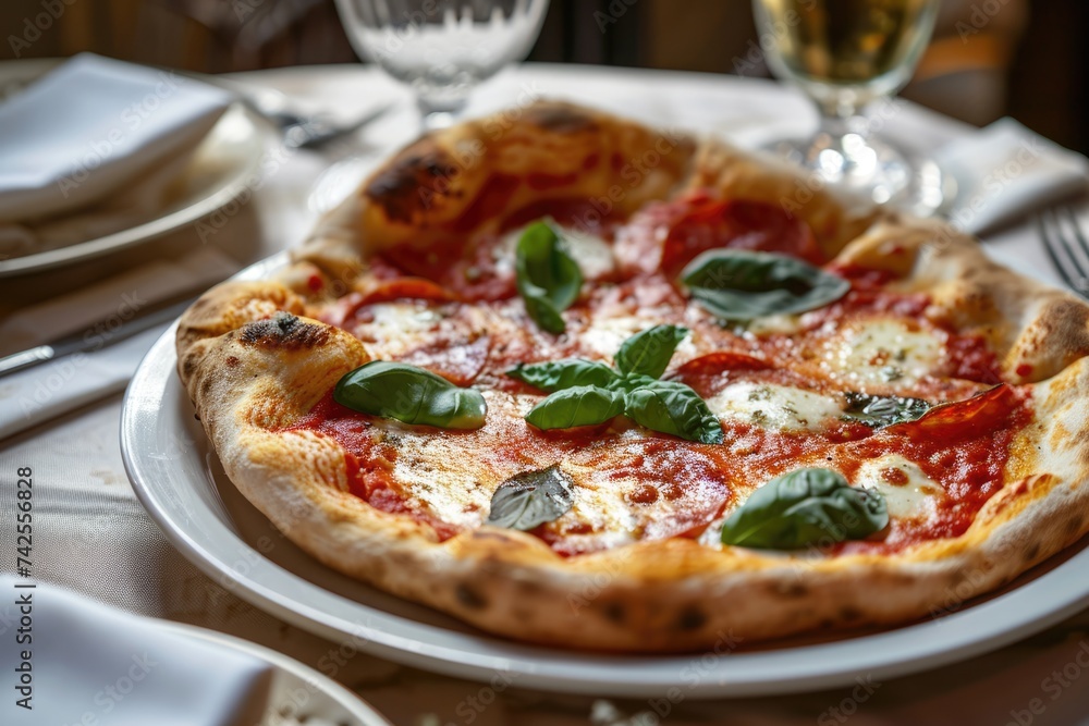 Classic Margherita Pizza with Mozzarella and Basil on White Plate, Elegant Dining. Classic Margherita Pizza with Mozzarella and Basil on White Plate, Elegant Dining.