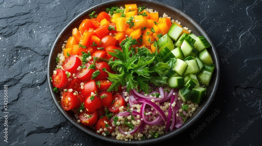 Healthy vegetable quinoa salad on a dark plate. Healthy vegetable quinoa salad on a dark plate.