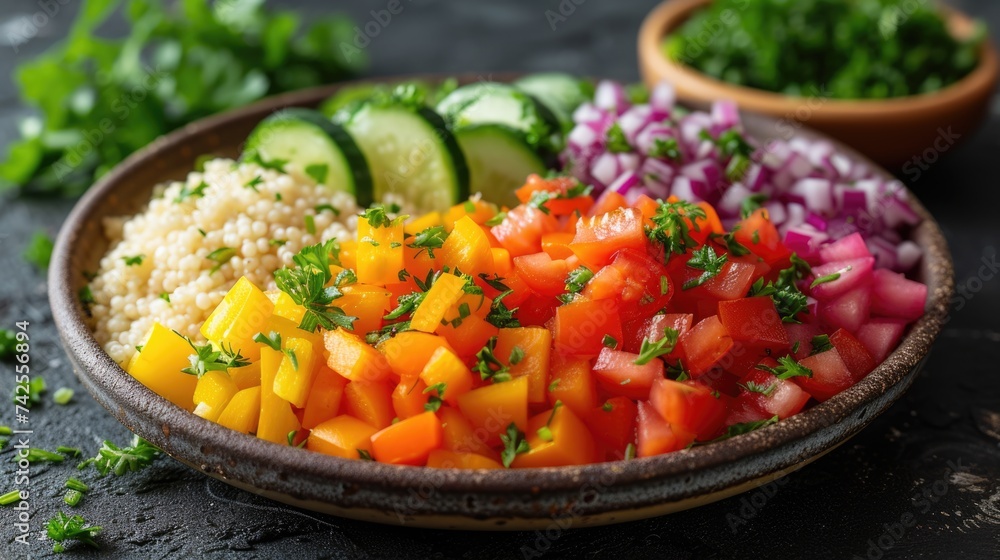 Healthy vegetable quinoa salad on a dark plate.