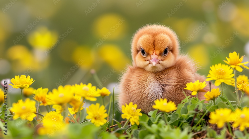 A fluffy chick standing among yellow flowers with a curious expression and soft green background